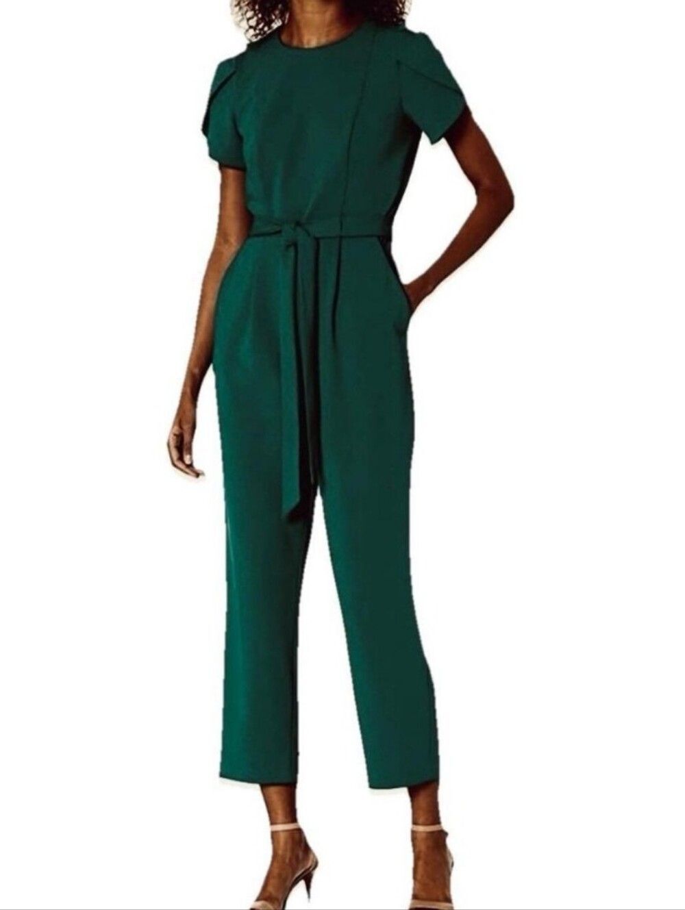 Calvin Klein Green belted zip back career minimalist holiday jumpsuit size 6
